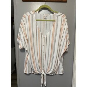 Just be women's top size 1X NWT Tie Front  lightweight White Stripe Gray/ Orange
